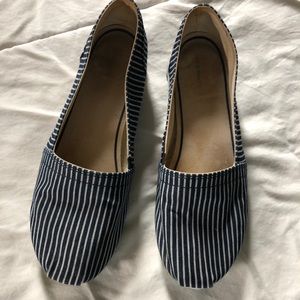 Slip on striped, flat, canvas shoes